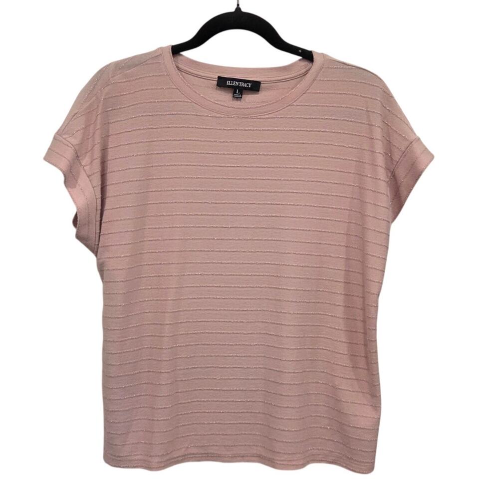 Ellen Tracy Pink Striped Short Sleeve Knit Top Casual Blouse Womens Size L